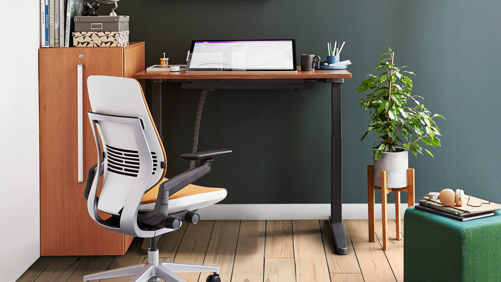 Steelcase Ology Height Adjustable Desk With Simple Touch With Wood And Black Leg In Home Office