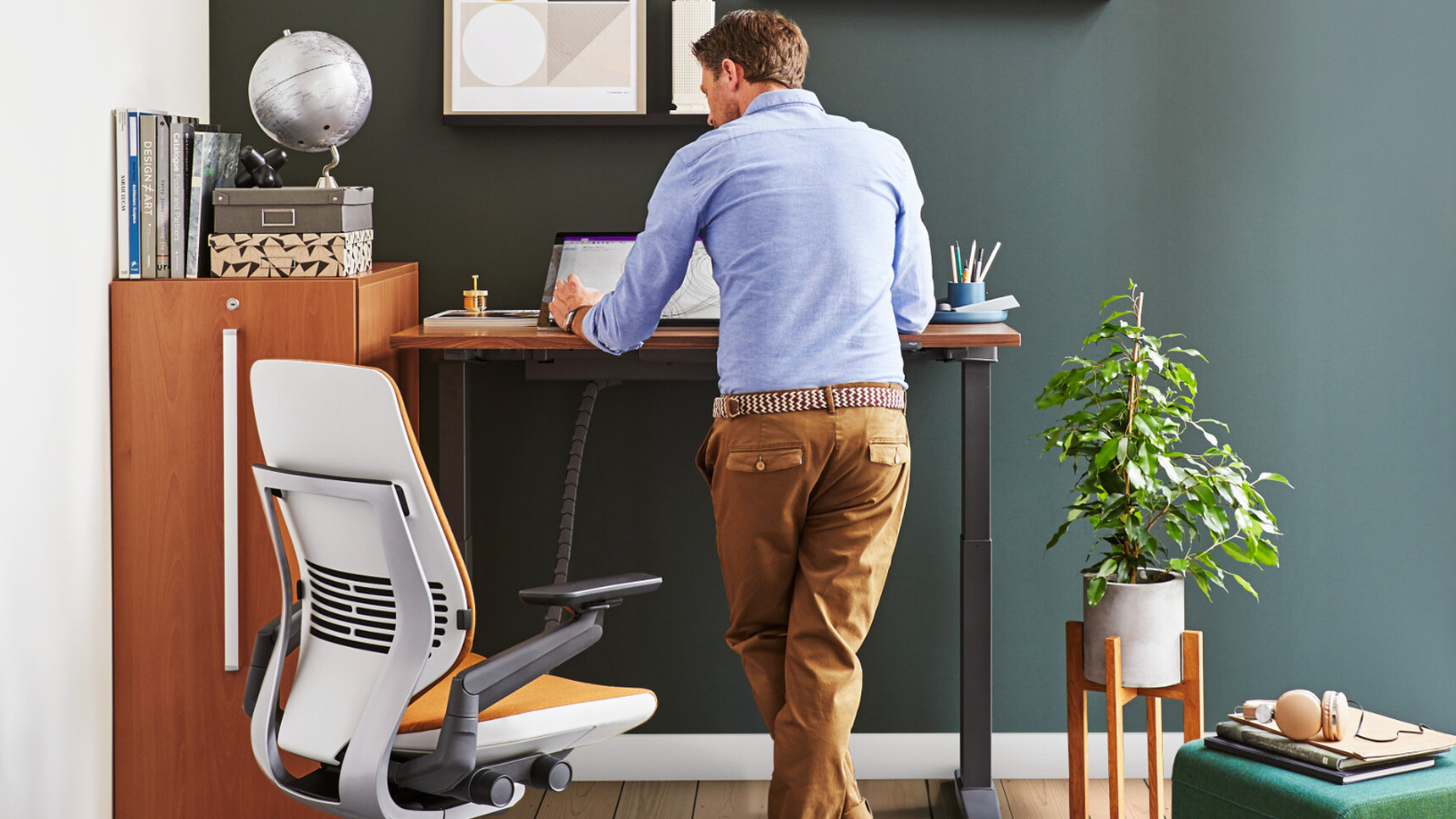 Steelcase Ology Height Adjustable Desk With Simple Touch With Wood And Black Leg In Home Office With Gesture Chair