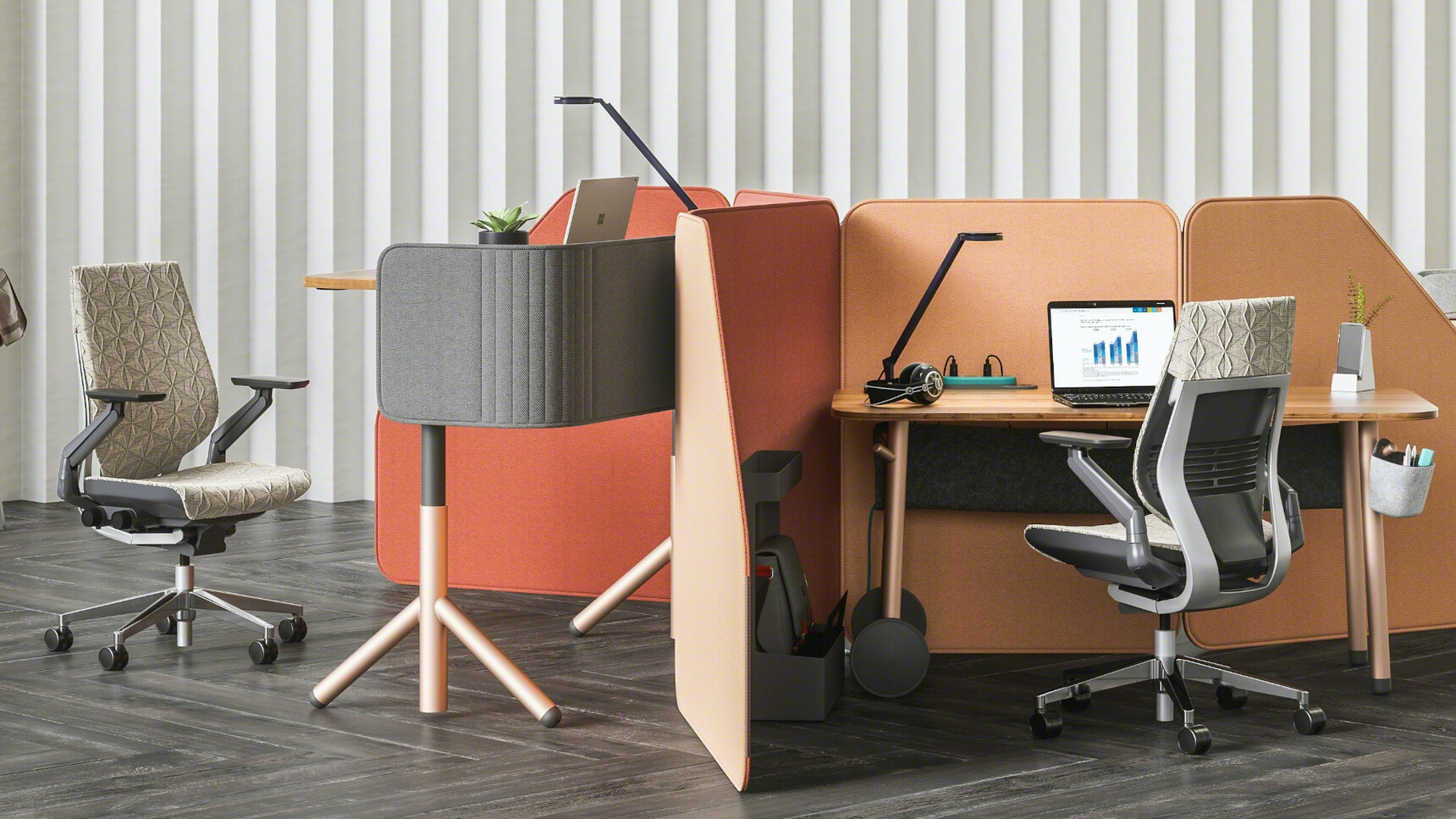 Two Steelcase Gesture Wrapped Back Office Chairs With Exotic Fabrics At Desks In Office Environment