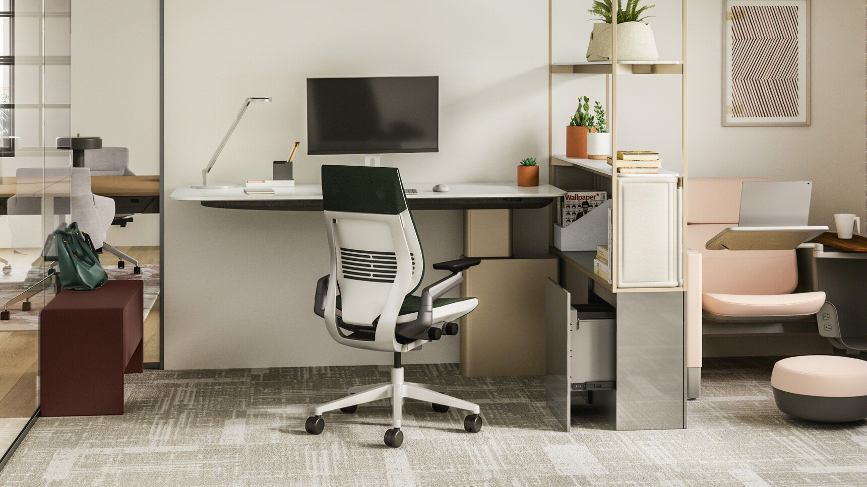 Steelcase Gesture Wrapped Back With Dark Green Upholstery With Light Light Frame At Desk In Office Setting