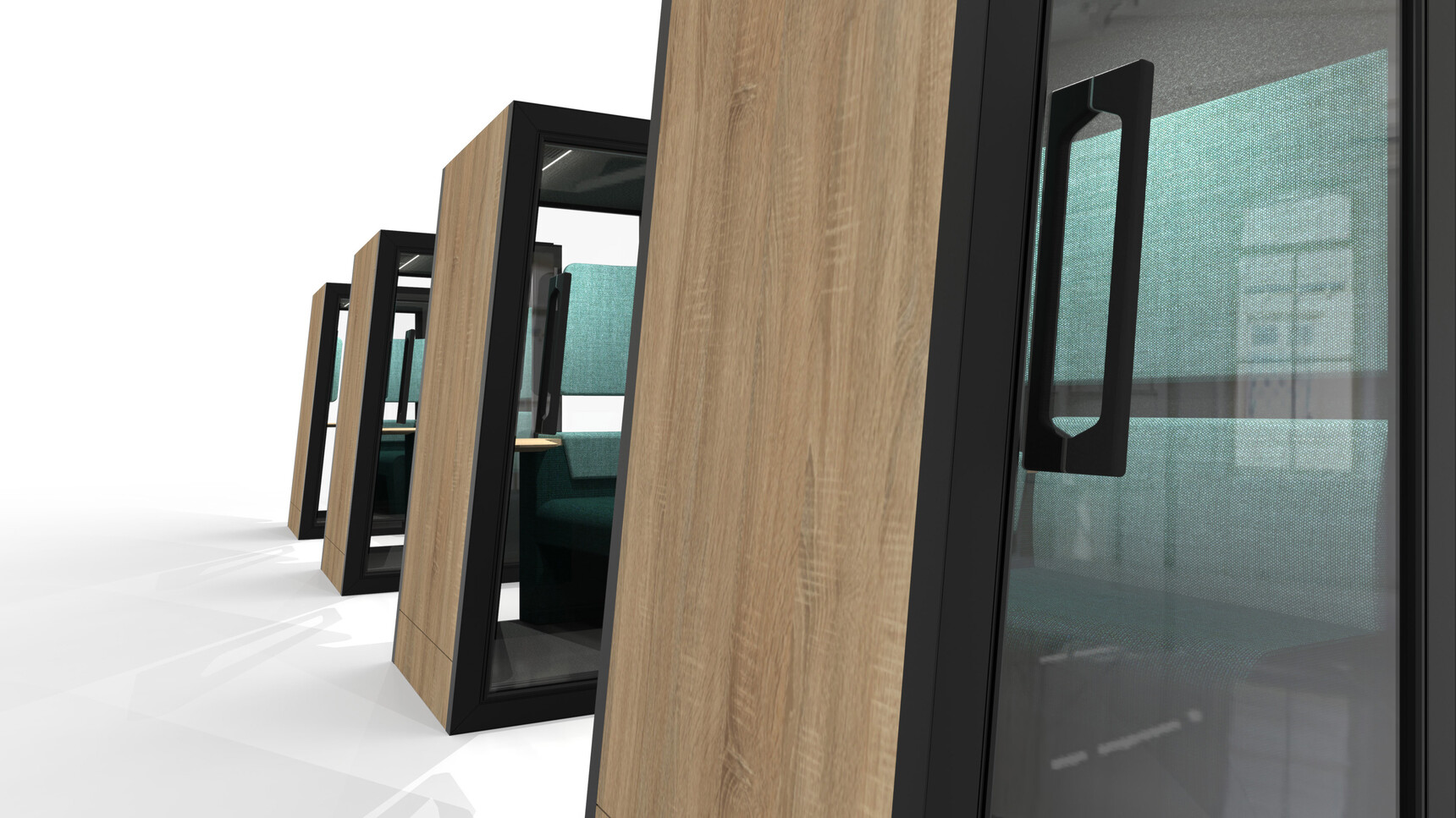 Orangebox On The QT Personal Pods In Wood And Black Finish In A Row On White Background