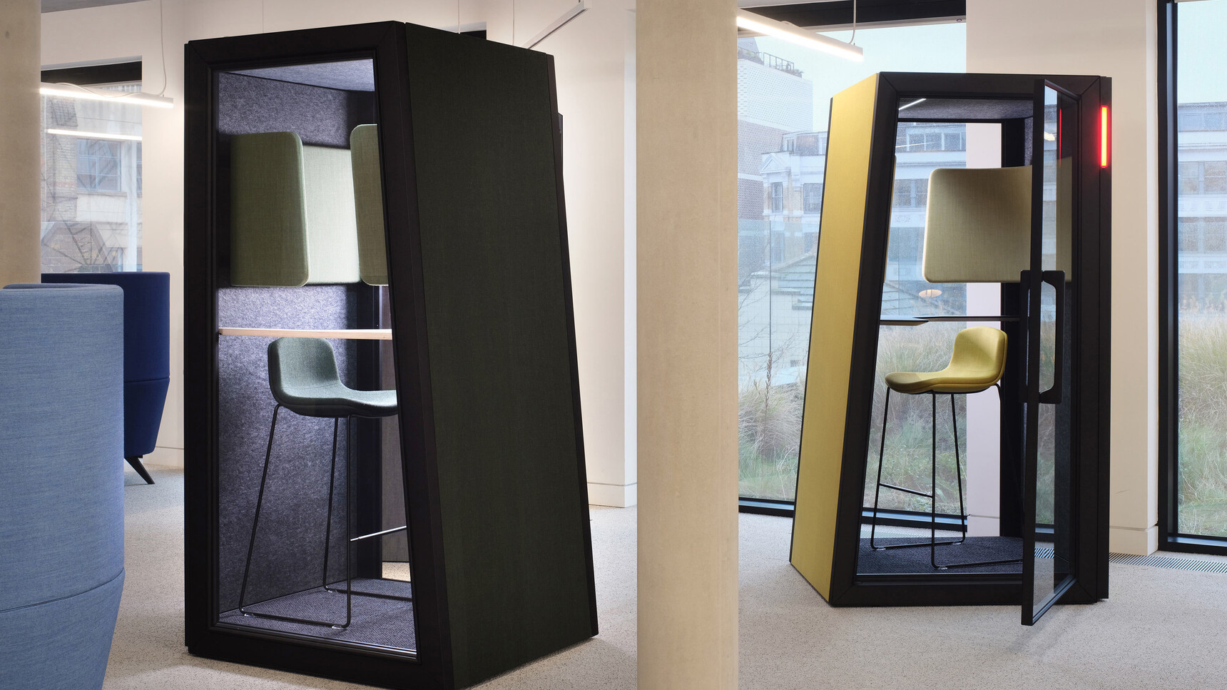 Orangebox On The QT Personal Pods In Black And Yellow Finish In Office Setting