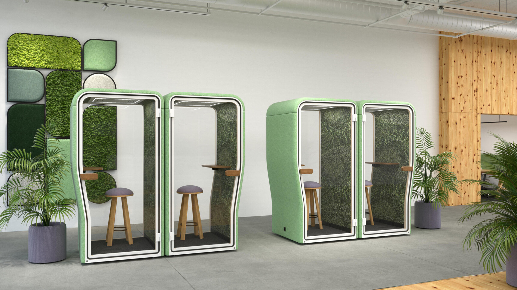 Four Buzzi Space With BuzziNest Booths With Green Finish With White Frame In Office Setting