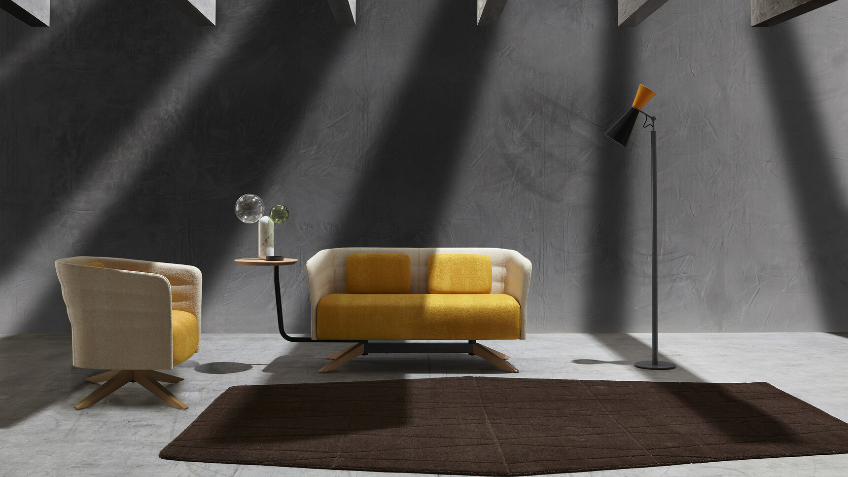 Sitland Cell 72 Armchair With Grey Finish And Yellow Seat In Office Setting With Cell 72 Sofa In Same Finish