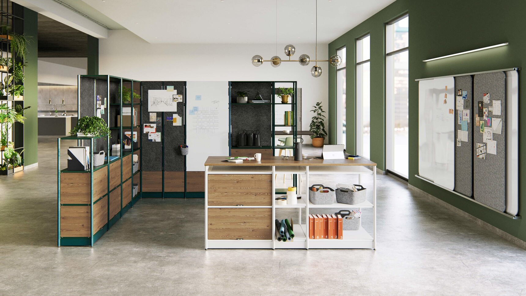 Steelcase Flex Active Frames Office Shelving In Green And Wood Finish With Another Active Frame In White And Wood Finish In Office Environment