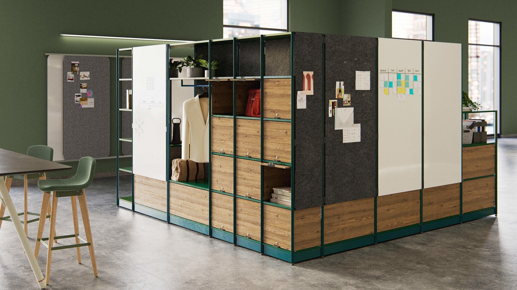Steelcase Flex Active Frames Office Shelving With Wood And Green Finish And Whiteboards In Office Setting Family Image