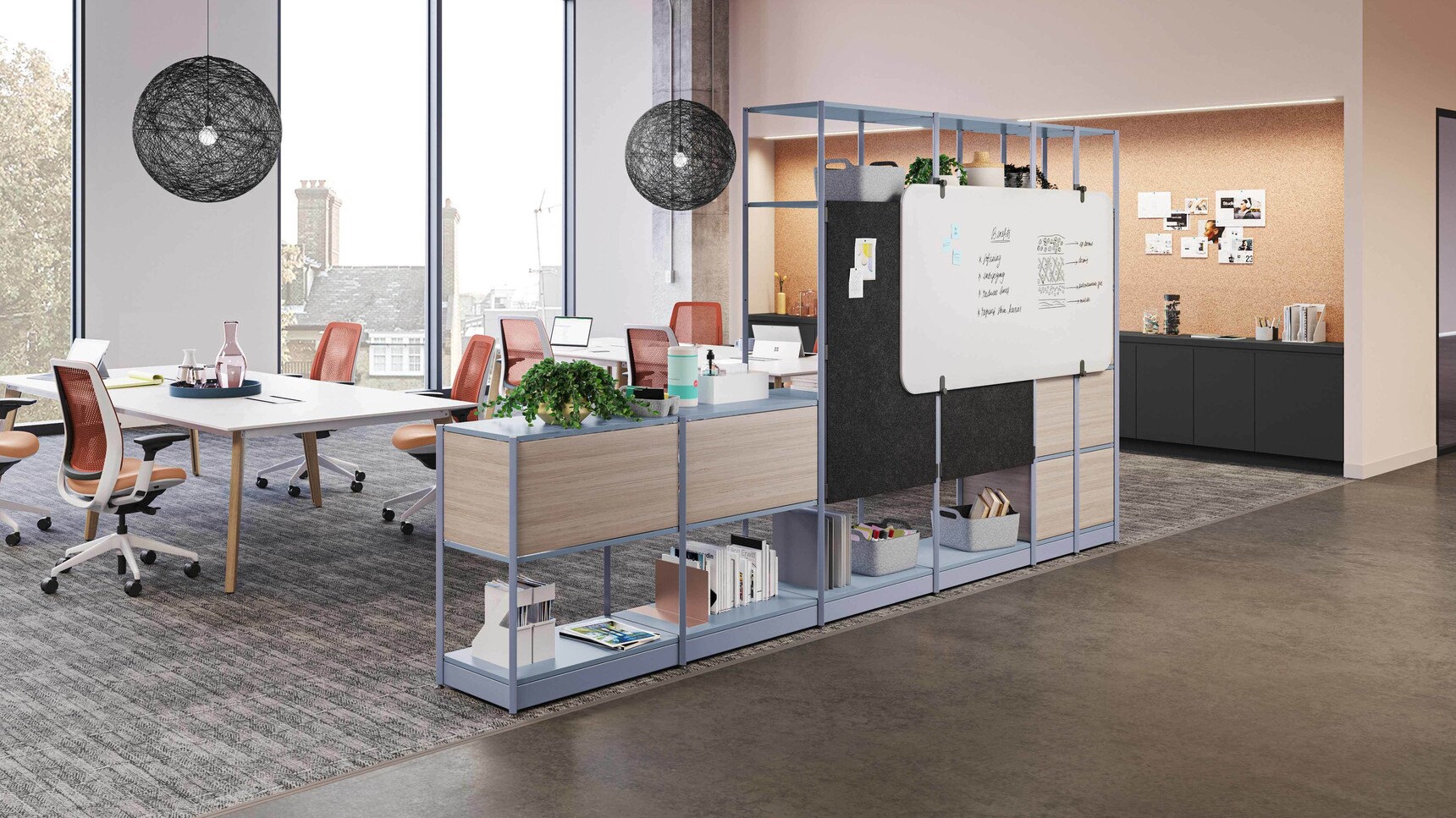 Steelcase Flex Active Frames Office Shelving With Light Purple Finish With Wood Finish In Office Setting With Desks And Chairs