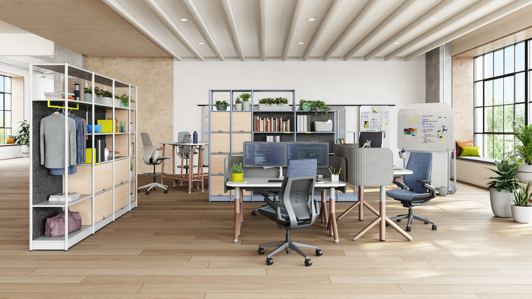 Steelcase Flex Active Frames Office Shelving With White Finish With Flex Height Adjustable Desk With Gestures At Desk In Office Setting