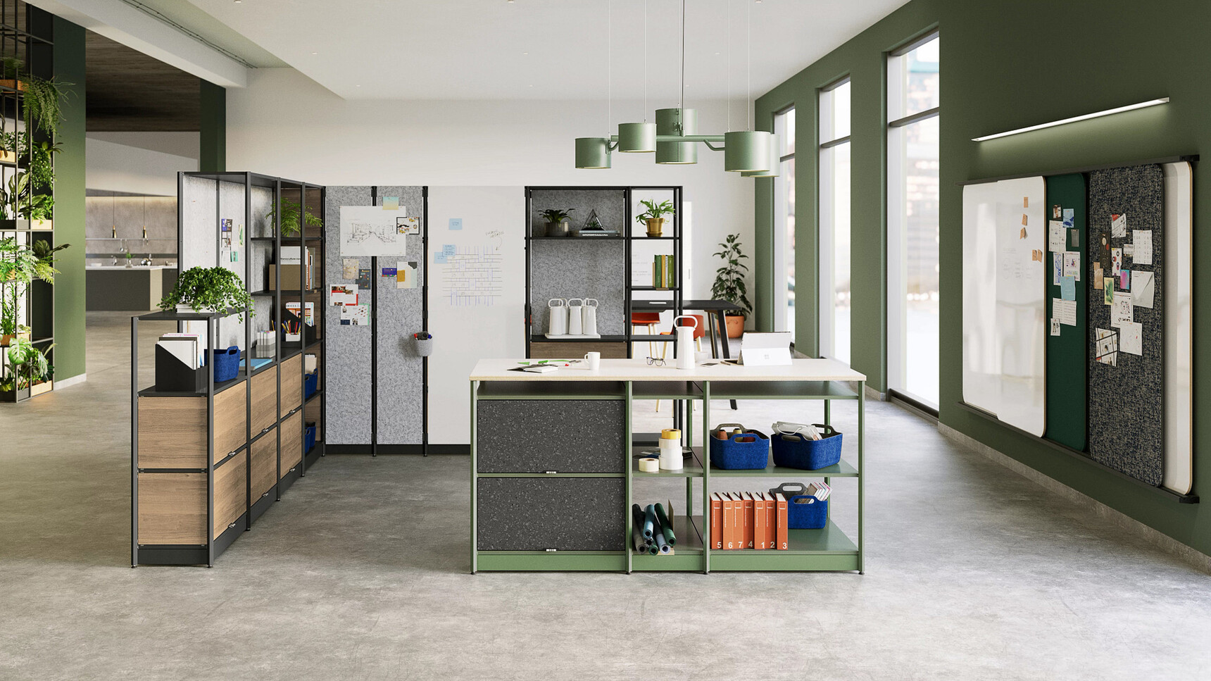 Steelcase Flex Active Frames Office Shelving With Black And Wood Finish With Another Flex Frame In Green Finish In Office Setting Family Image