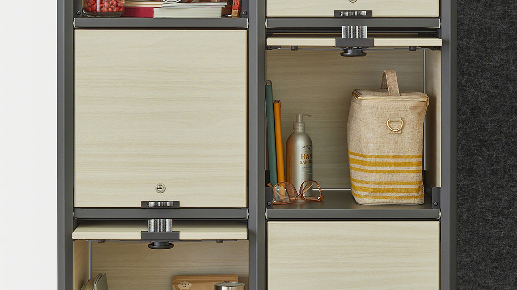 Steelcase Flex Active Frames Office Shelving With Dark Grey Finish And Wood Panels Detail Image