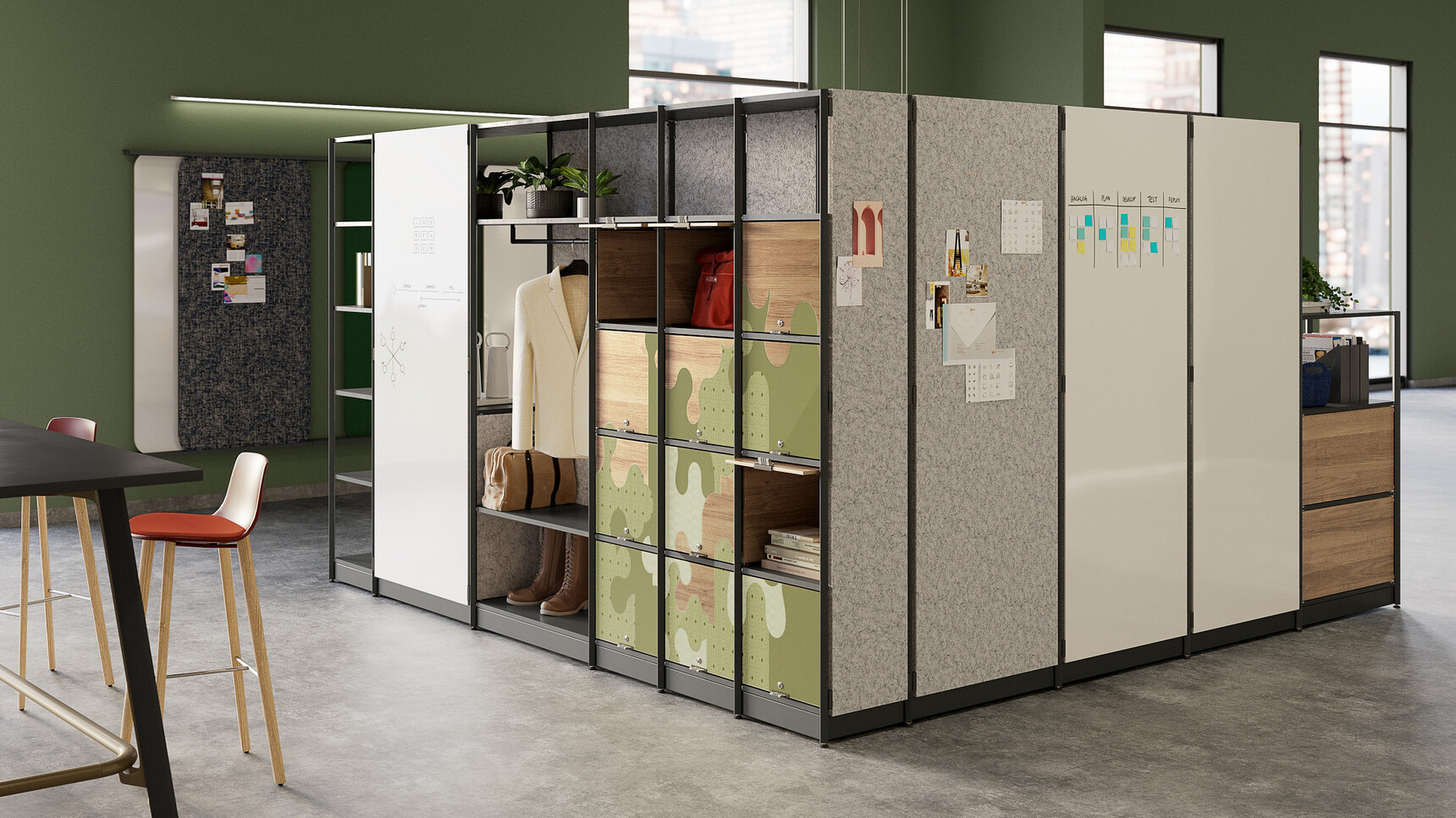 Steelcase Flex Active Frames Office Shelving With Black And Grey And White Panels Office Setting