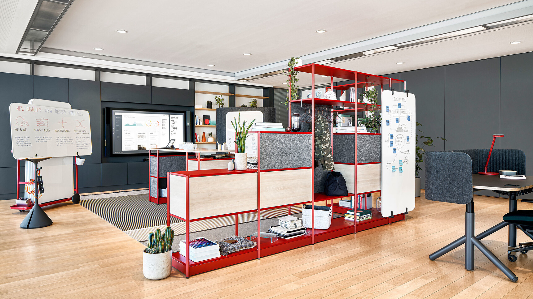 Steelcase Flex Active Frames Office Shelving With Red Finish In Office Environment