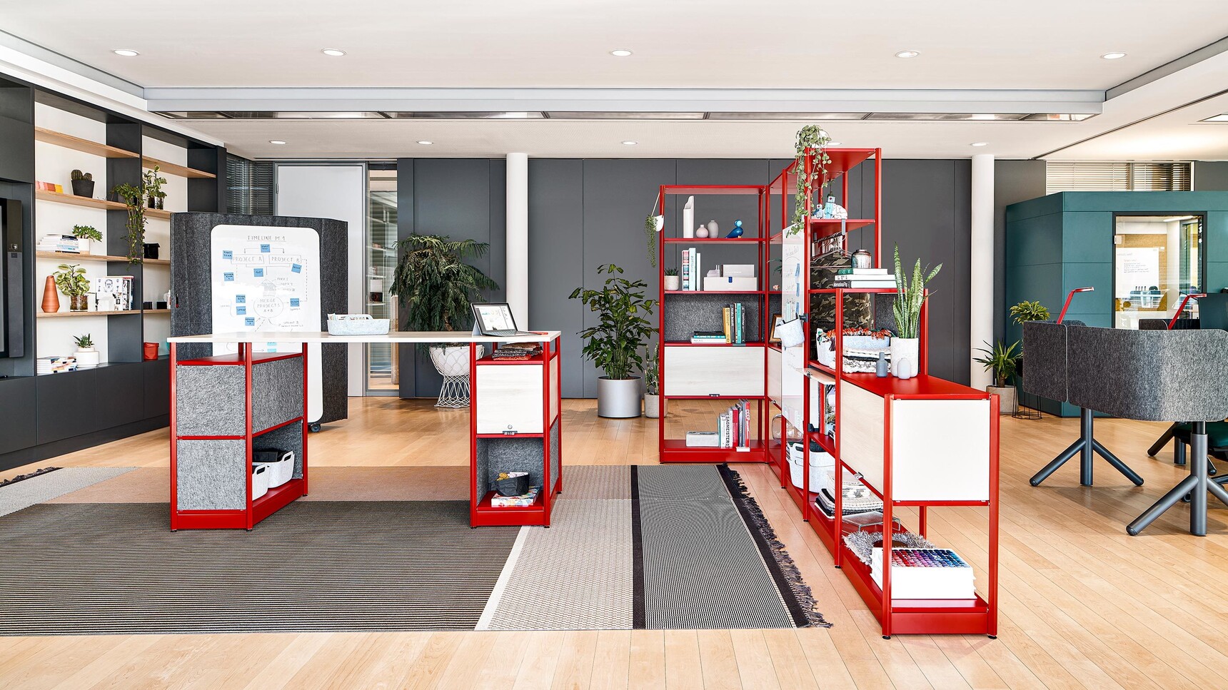 Steelcase Flex Active Frames Office Shelving With Red Finish In Office Setting