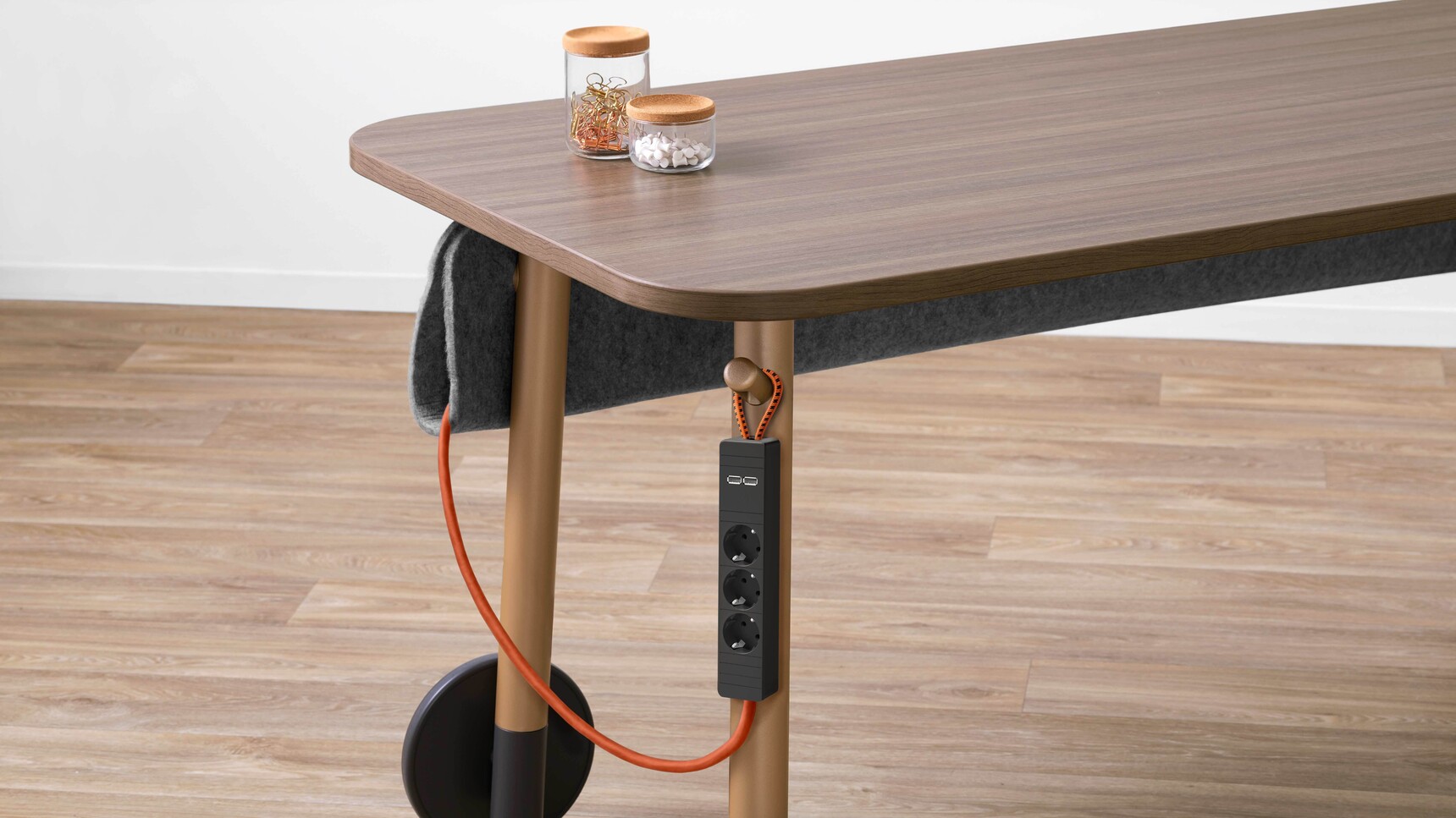 Steelcase Flex Table With Wood Top And Brown Legs Detail Image With Power Hooked To Table