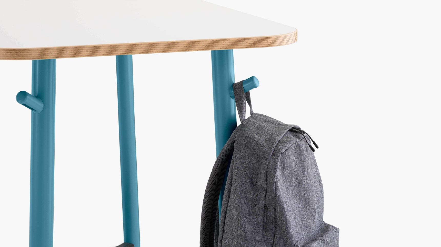 Steelcase Flex Table With White Wood Table With Blue Legs With Backpack Detail Image