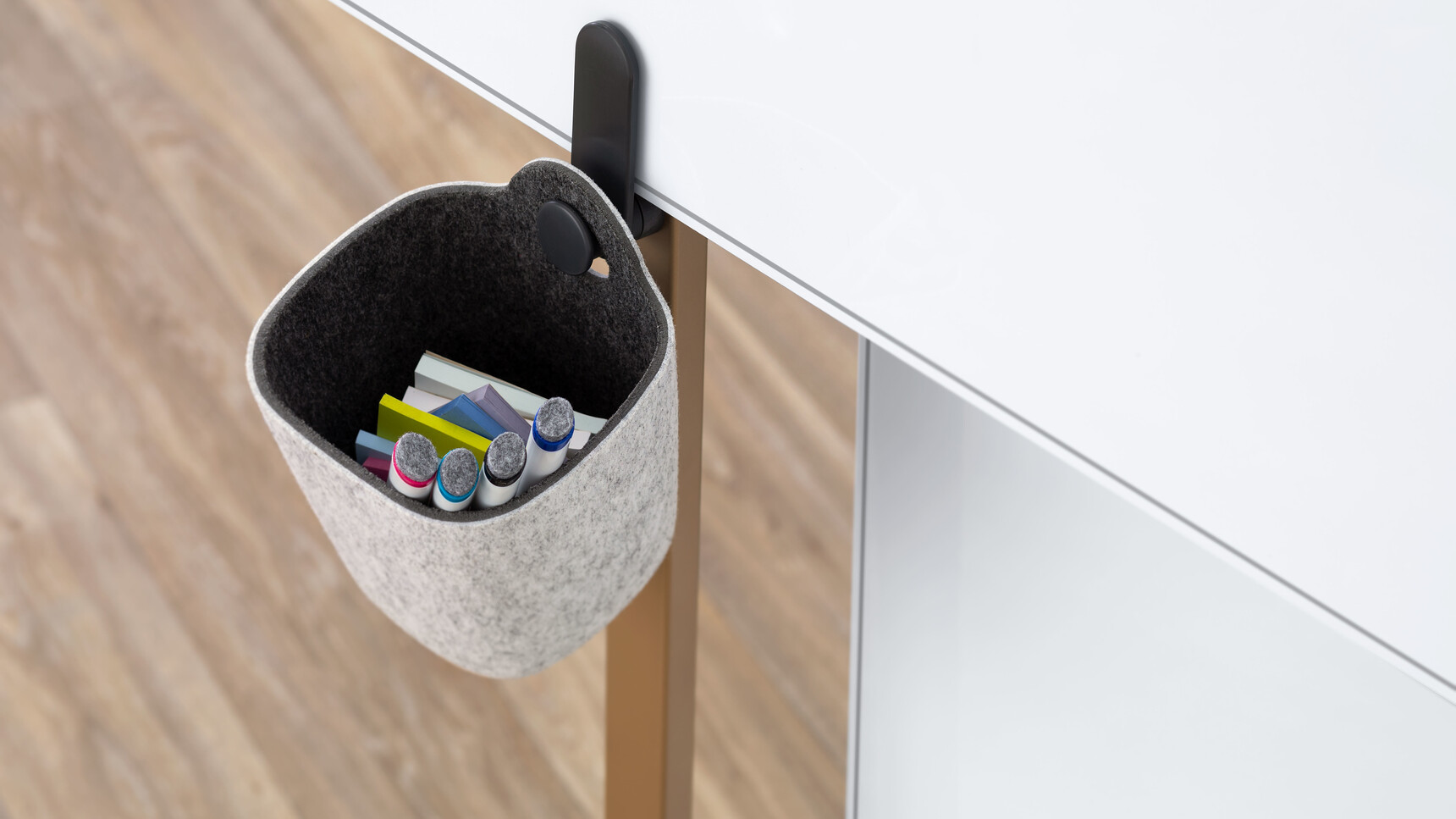 Steelcase Flex Table With White Top Detail Image With Small Basket