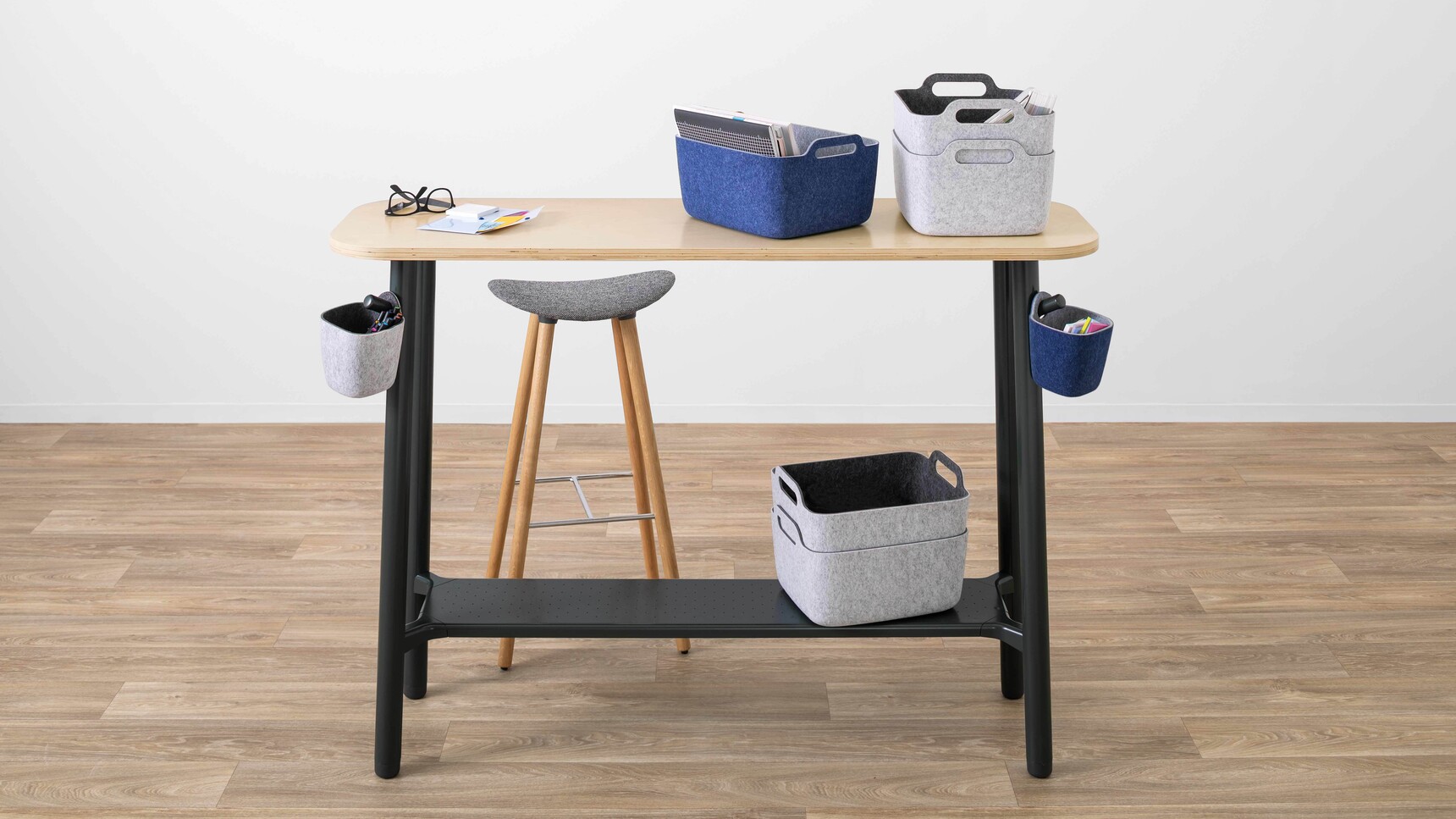 Steelcase Flex Table With Wood Top And Black Leg With Baskets And Holders On Table