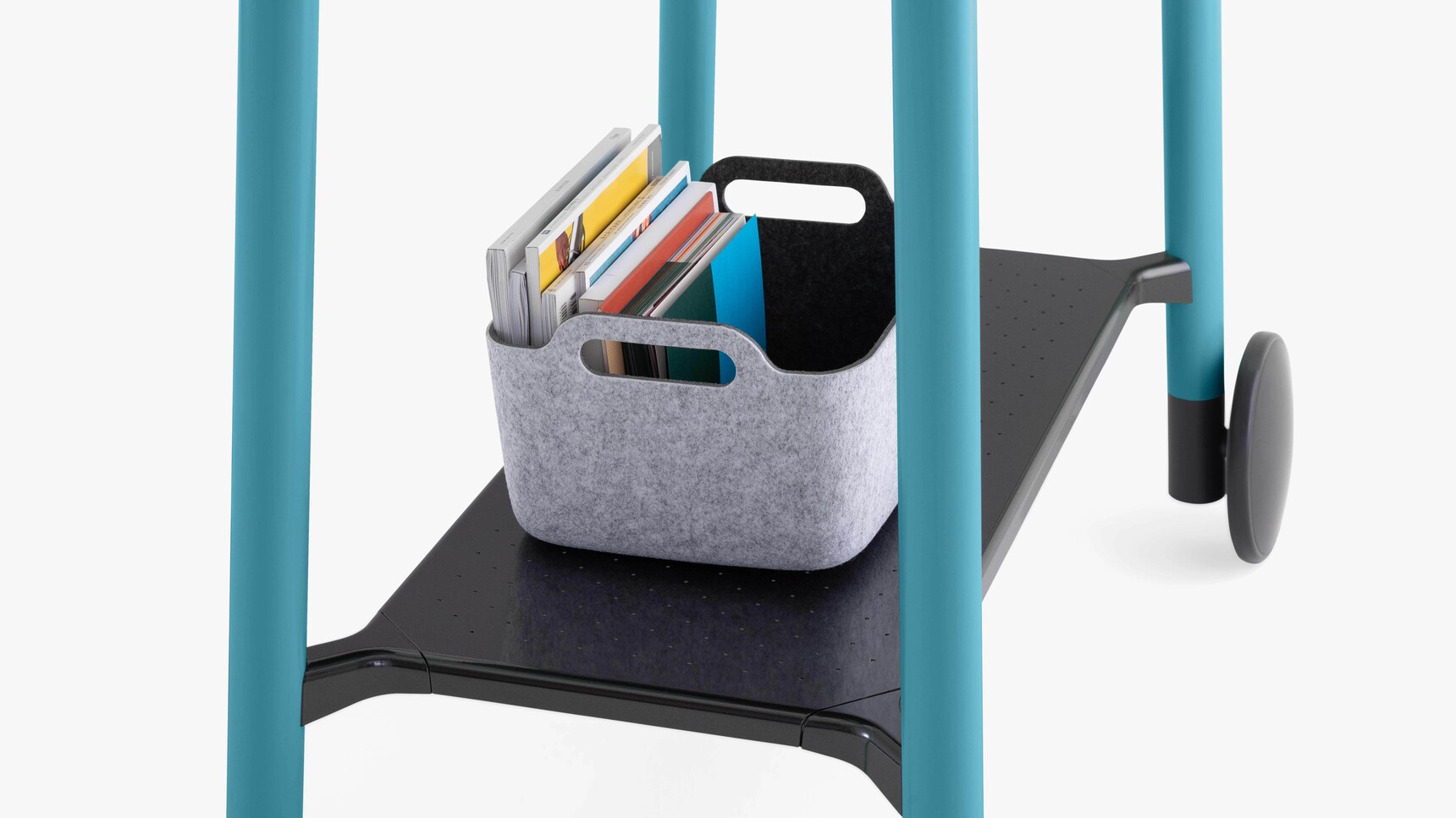 Steelcase Flex Table With Blue Leg With Wheels And Basket With Books Detail Image
