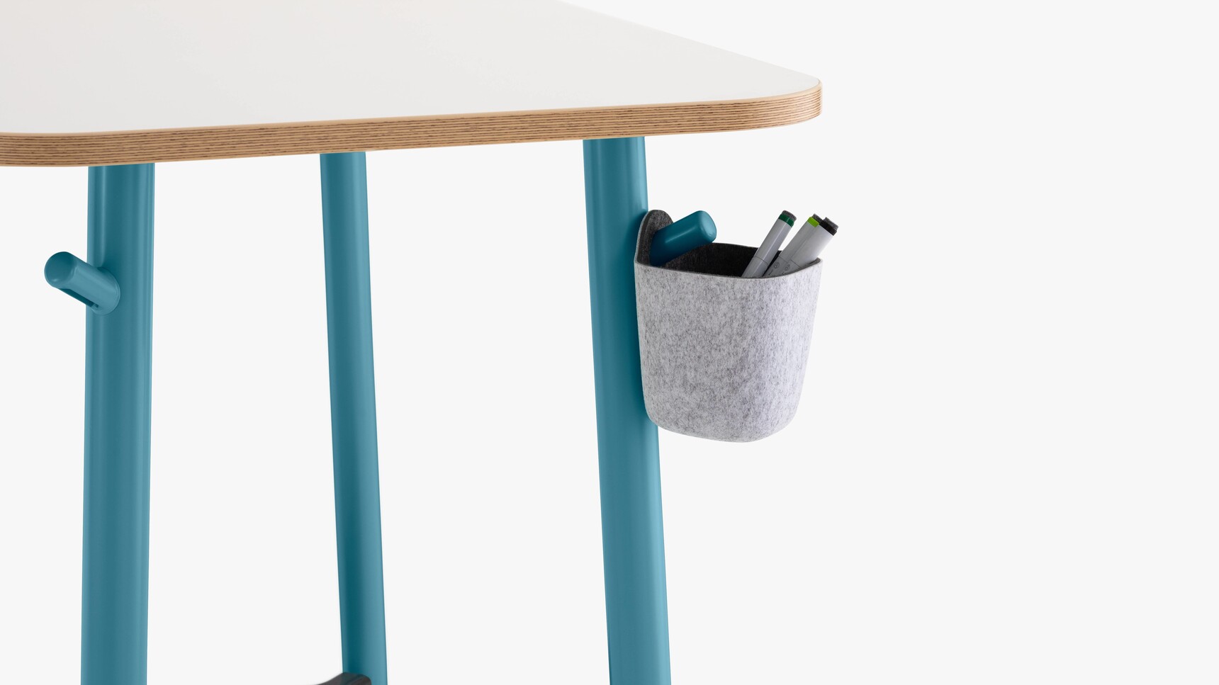 Steelcase Flex Tables With White Top And Blue Legs With Small Basket Detail Image