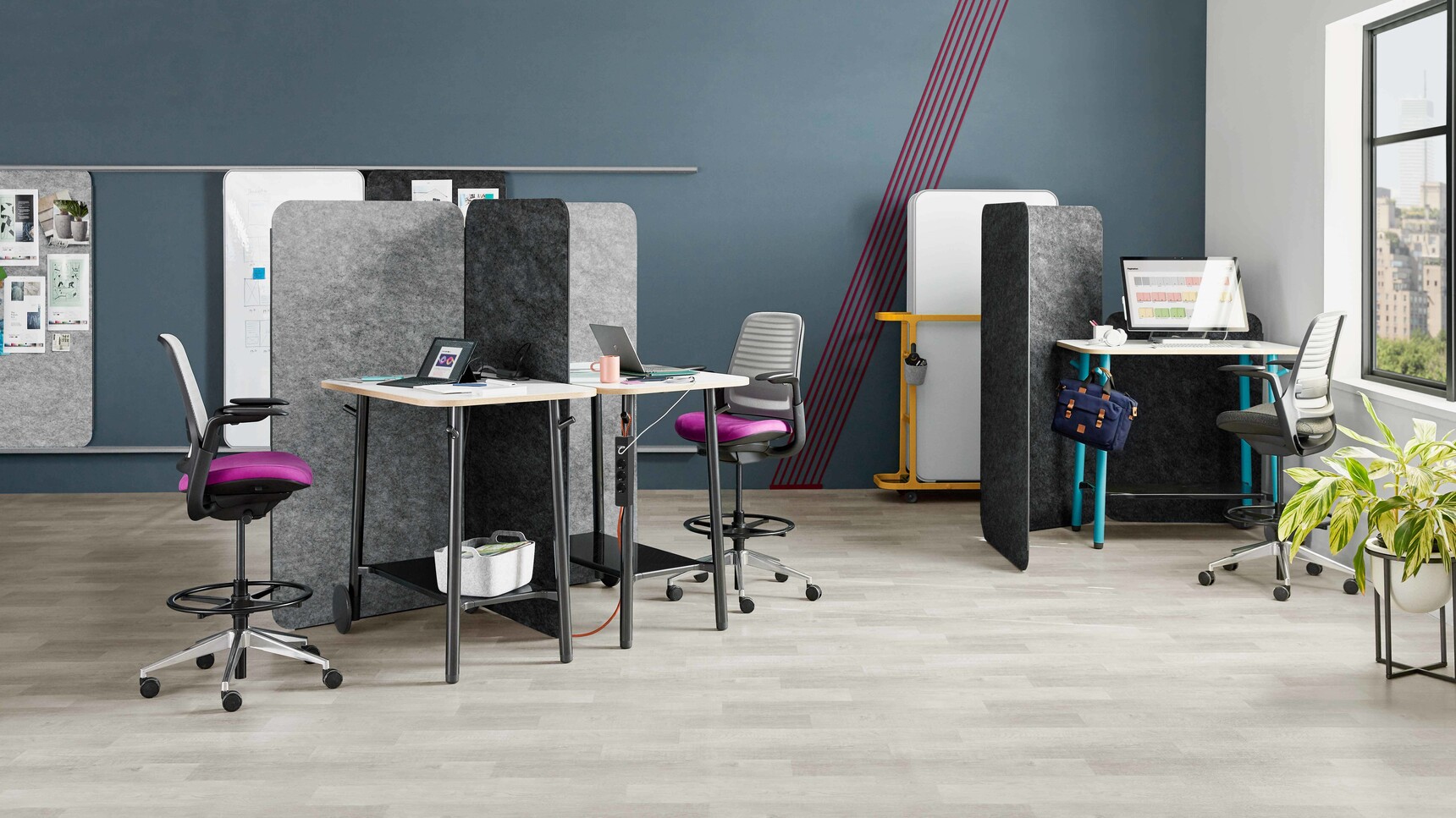 Steelcase Flex Tables With White Table Top And Black Leg Finish With Series 1 Draughtsman Chairs At Tables And Acoustic Screens In Office Setting