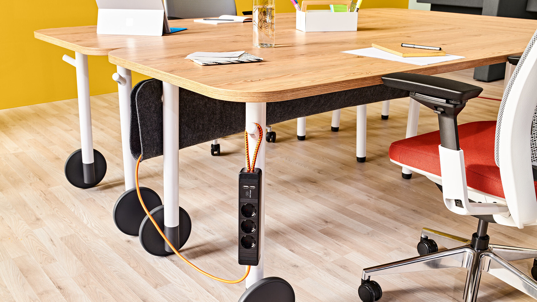 Steelcase Flex Tables With Wood Tops And White Legs Detail Image With Series 2 At Table