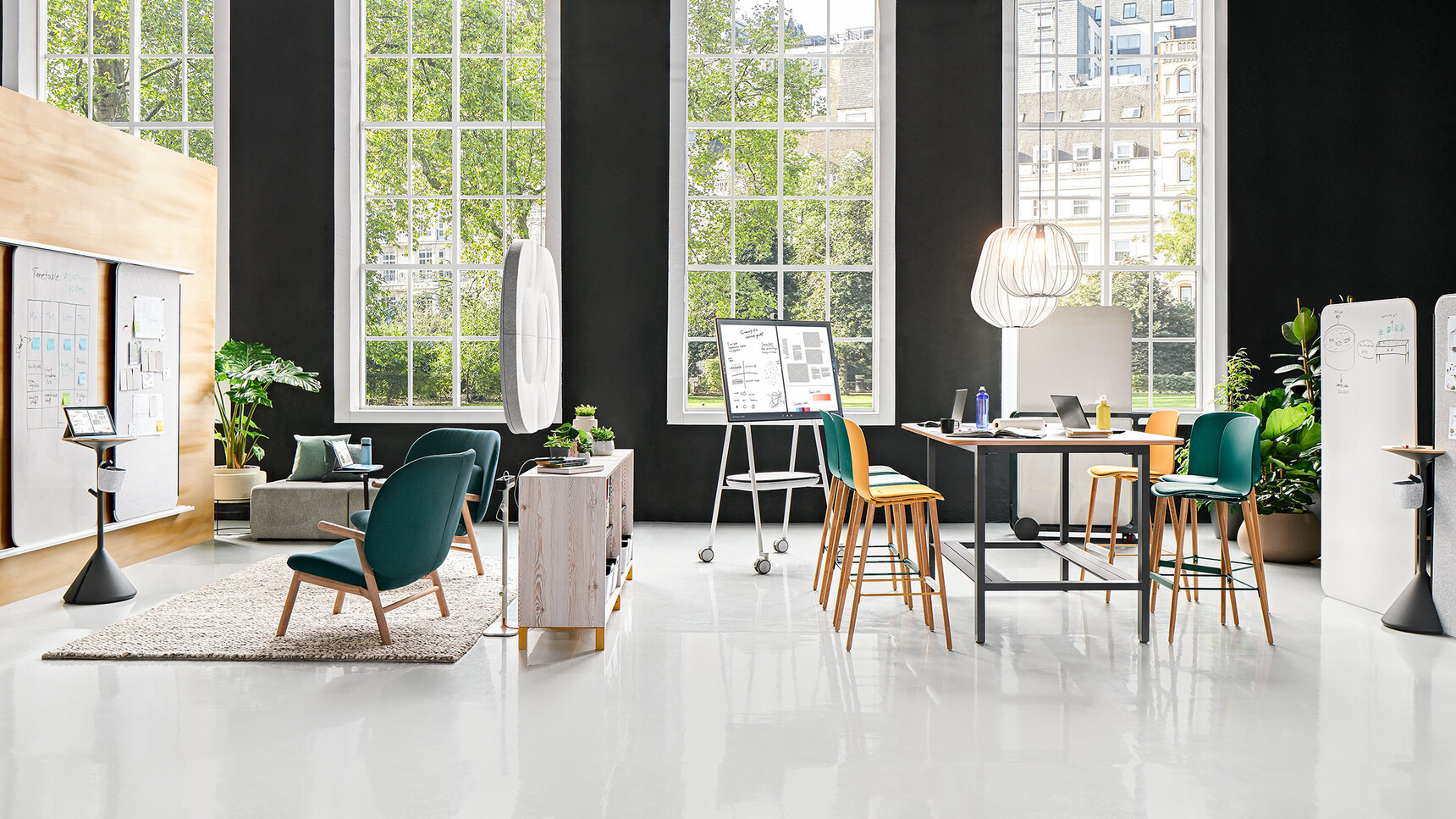 Steelcase Flex Table In Collaboration Area With Credenza And White Boards