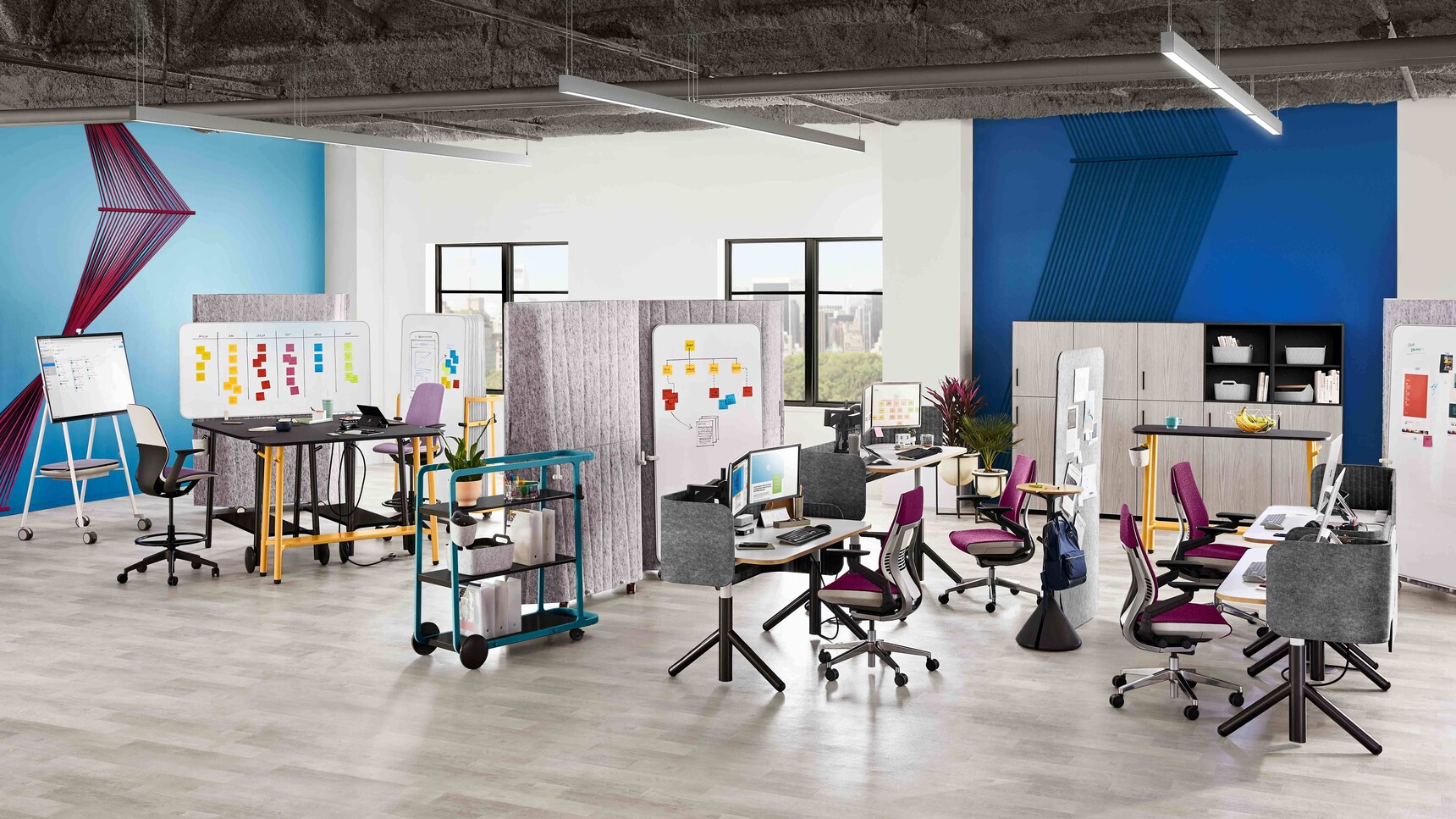 Steelcase Flex Tables In Office Setting With Flex Height Adjustable Tables With Acoustic Screens And Gesture Chairs