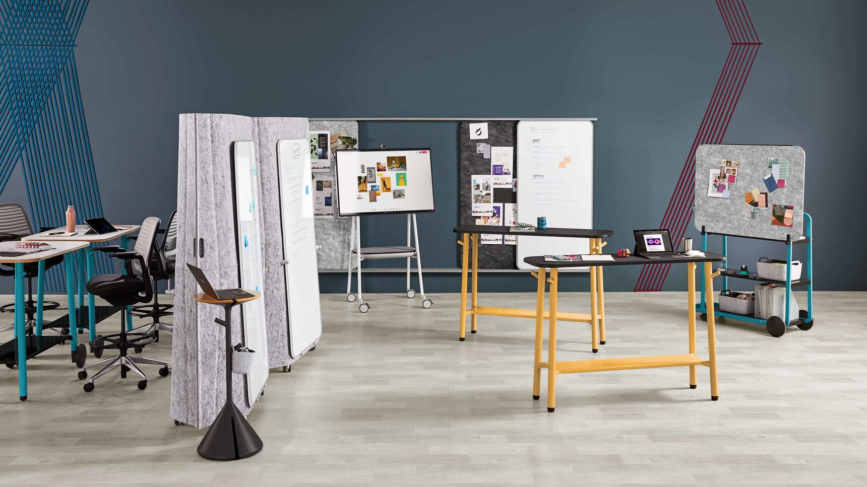 Steelcase Flex Whiteboard Solutions With Flex Tables And Acoustic Boundary And Flex Cart Family Image