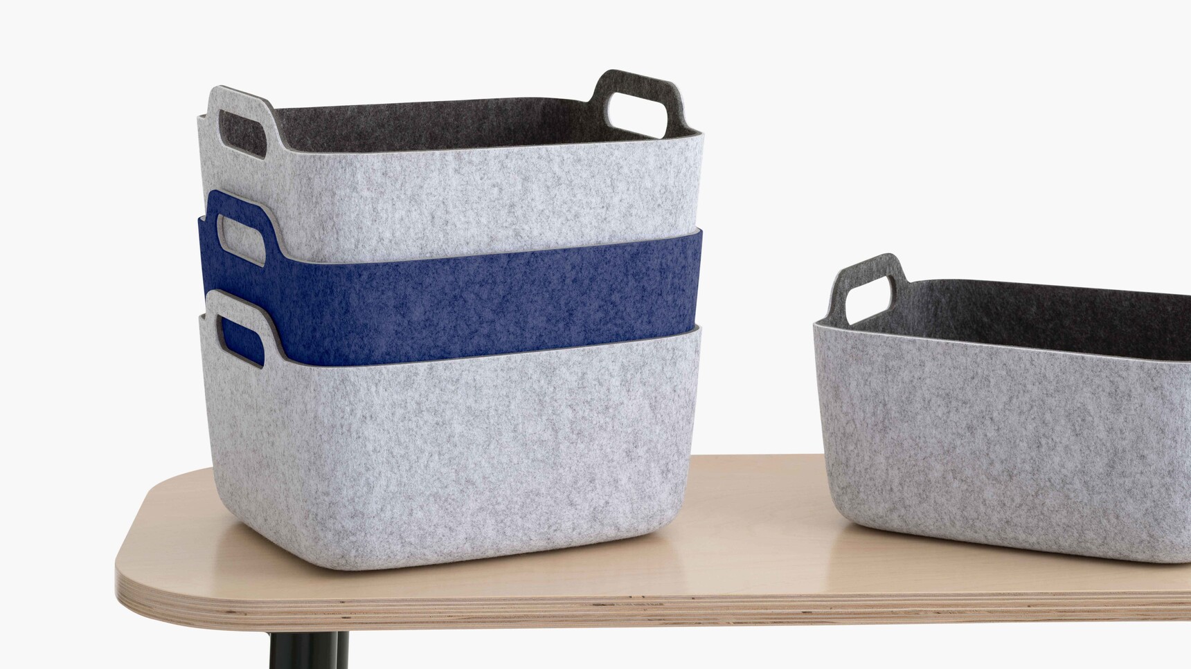 Steelcase Flex Basket + Cup With Blue And Grey Fabric On Flex Table With White Background
