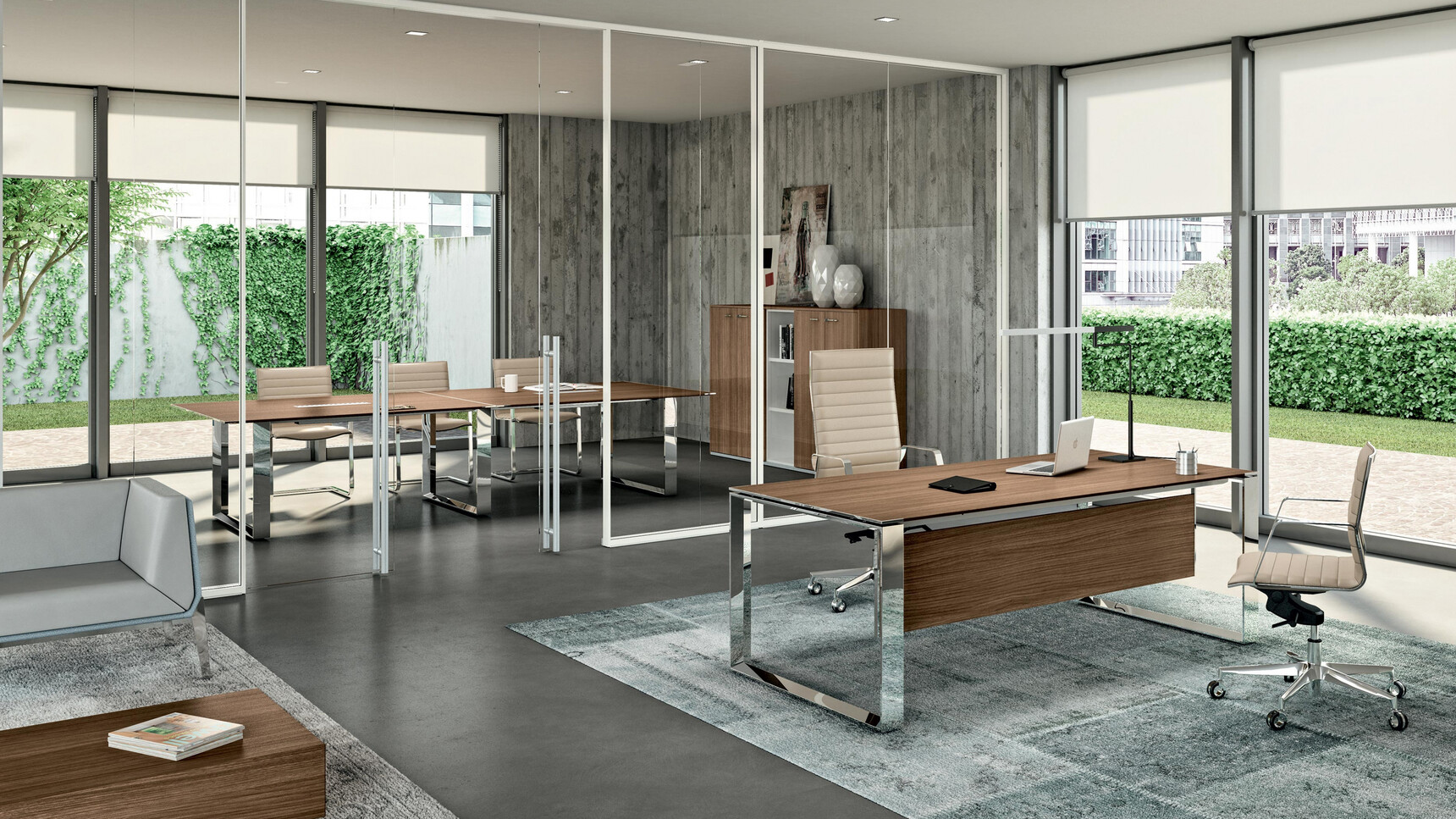 Quadrifoglio X7 Melamine Loop Leg Desk With Wood Finish And Modesty Panel And Chrome Legs With X7 Melamine Recessed Loop Leg Boardroom Table With Two Sections And Wood Finish And Three Loop Legs With Five Chairs