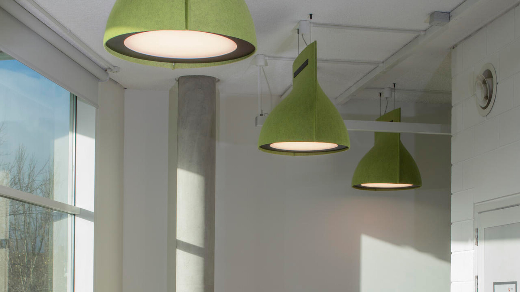 Three Buzzi Space BuzziBell LED Light In Green BuzziFelt In Office Environment