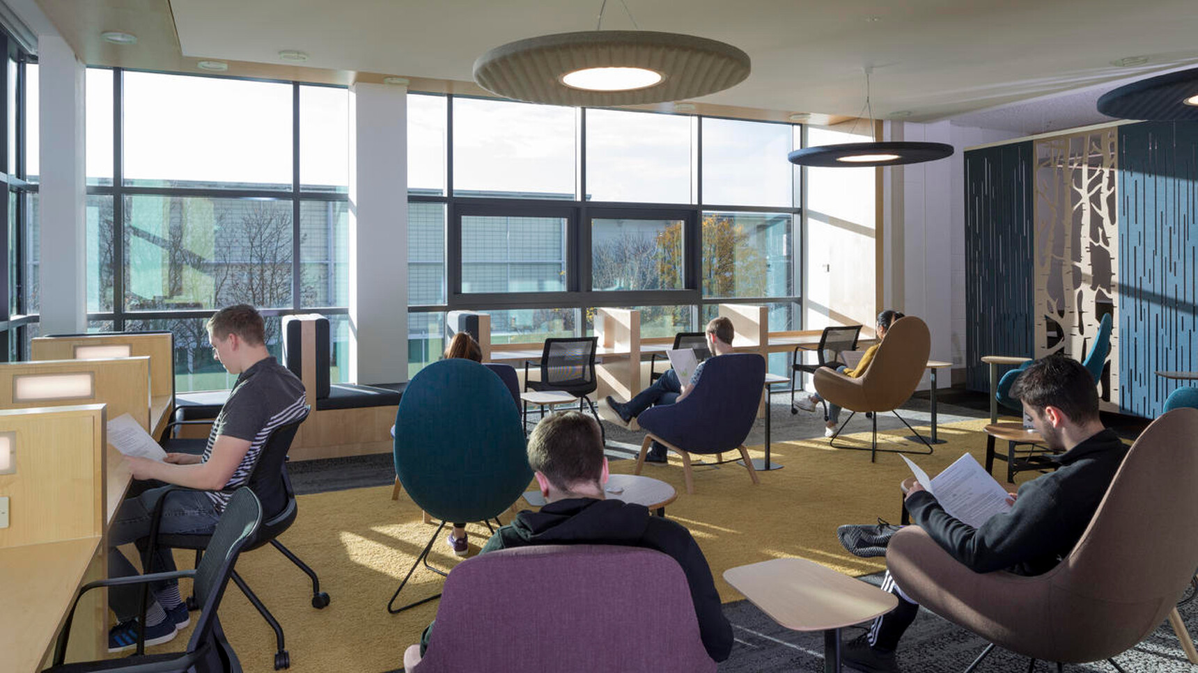 Buzzi Space BuzziMoon Round Acoustic Light With Grey Fabric In Office Environment