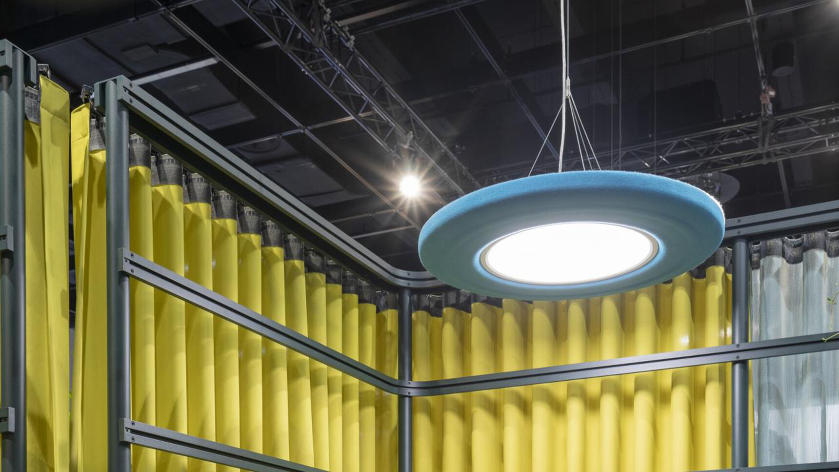 Buzzi Space BuzziMoon Round Acoustic Light In Blue Upholstery In Office Environment