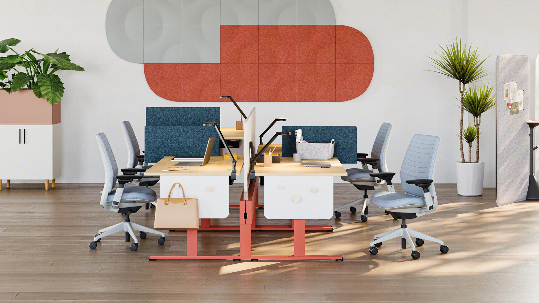 Steelcase Migration SE Height Adjustable Bench Desk With Orange Finish In Office Environment