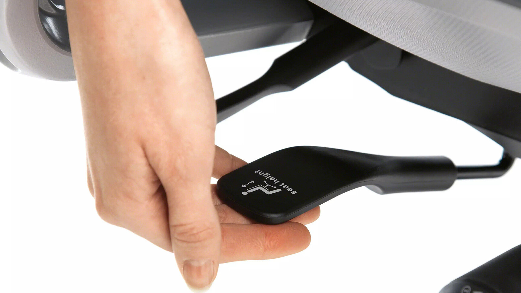 Steelcase Amia Platinum Office Task Chair Detail Image Of The Chairs Seat Depth Being Adjusted