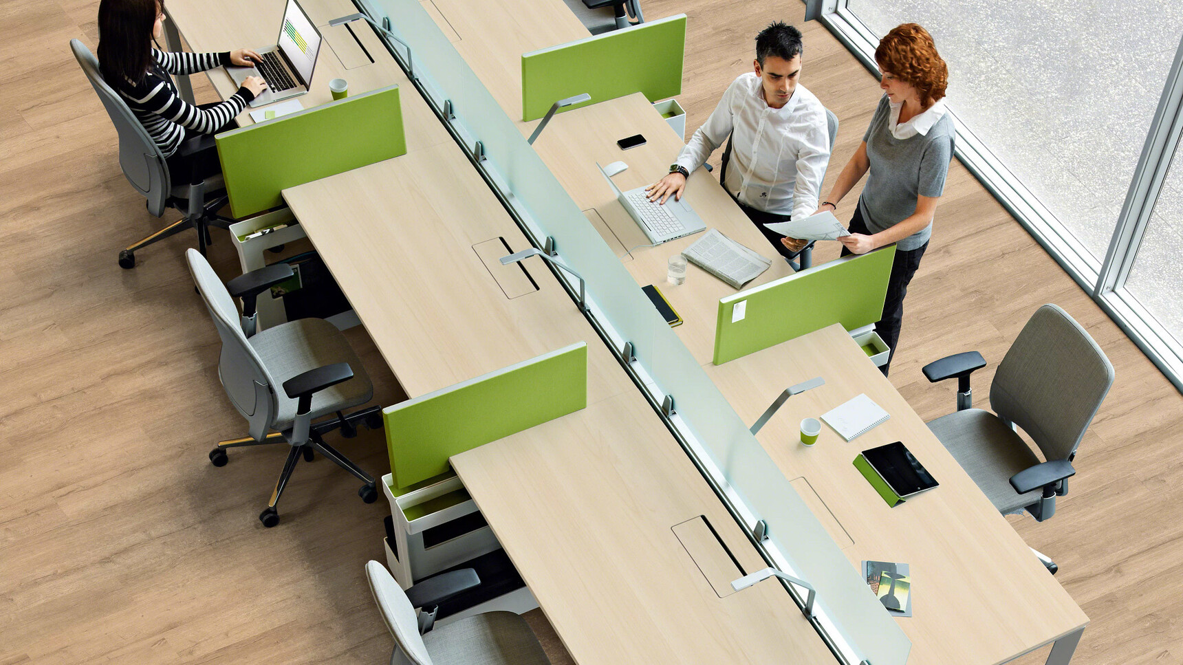 Six Steelcase Amia Platinum Office Task Chairs At Desks Overhead Image
