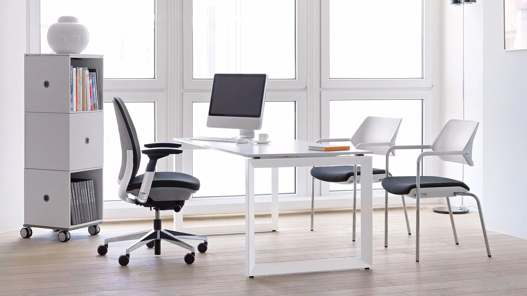 Steelcase Amia Platinum Office Task Chair With Blue Upholstery At Loop Leg Desk And Two Chairs Family Image
