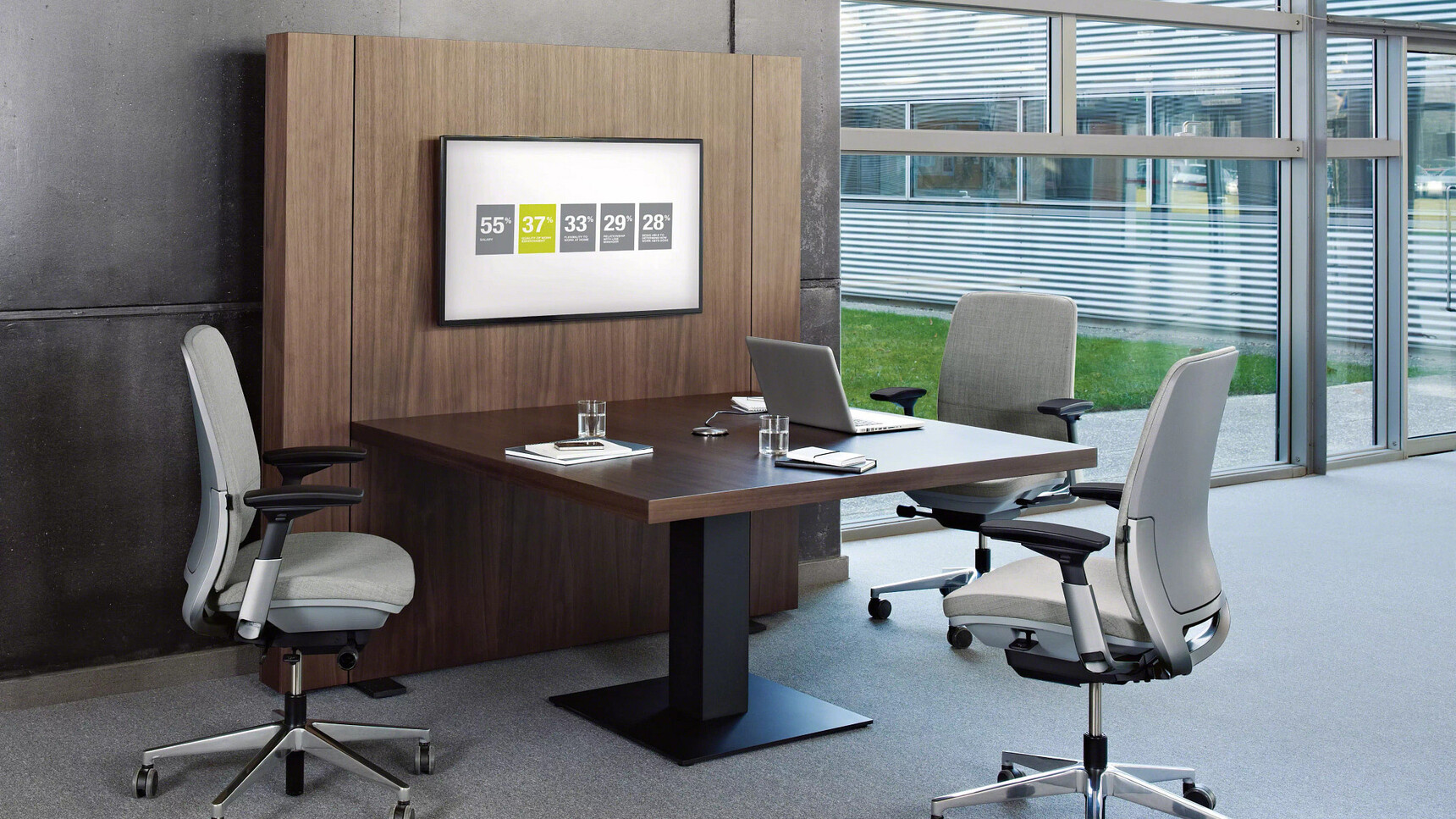 Three Steelcase Amia Platinum Office Task Chairs At Media Unit In Office Setting