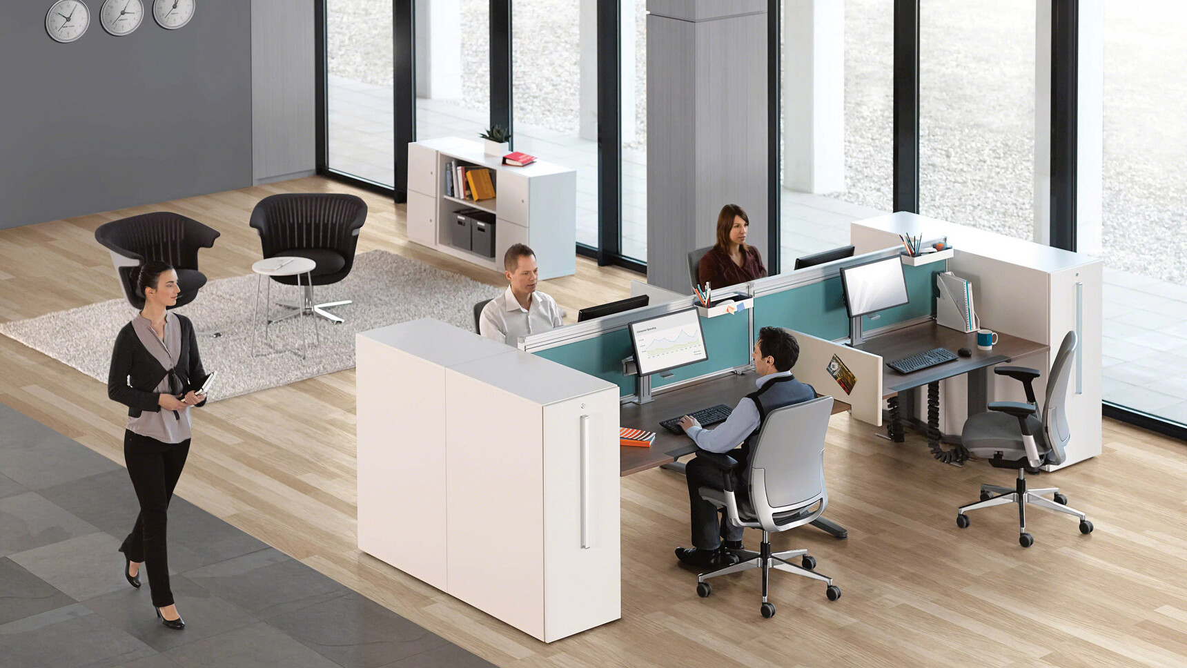 Four Steelcase Amia Platinum Office Task Chairs At Desk In Office Setting