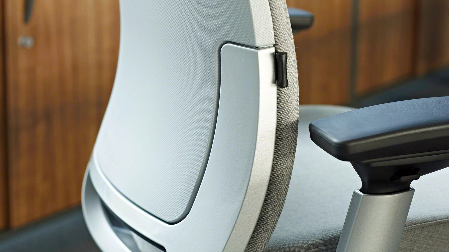Steelcase Amia Platinum Office Task Chair With Grey Upholstery Detail Image Of The Chairs Back