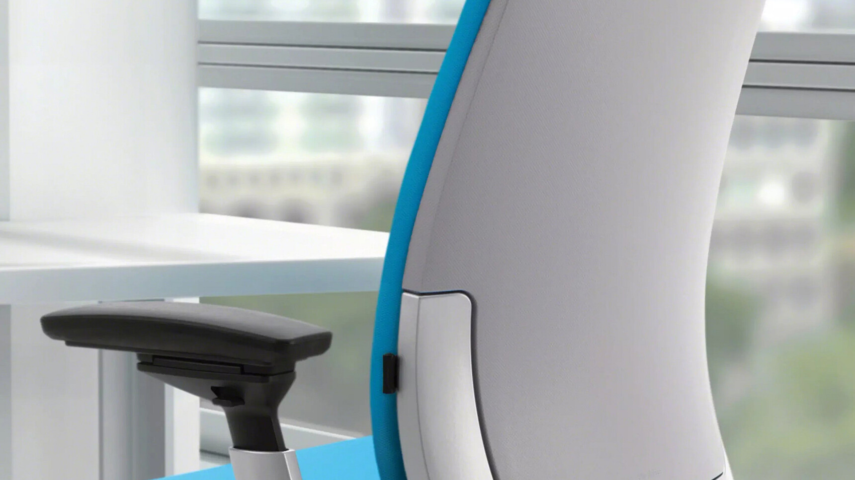 Steelcase Amia Platinum Office Task Chair With Blue Upholstery Detail Image Of The Chairs Back
