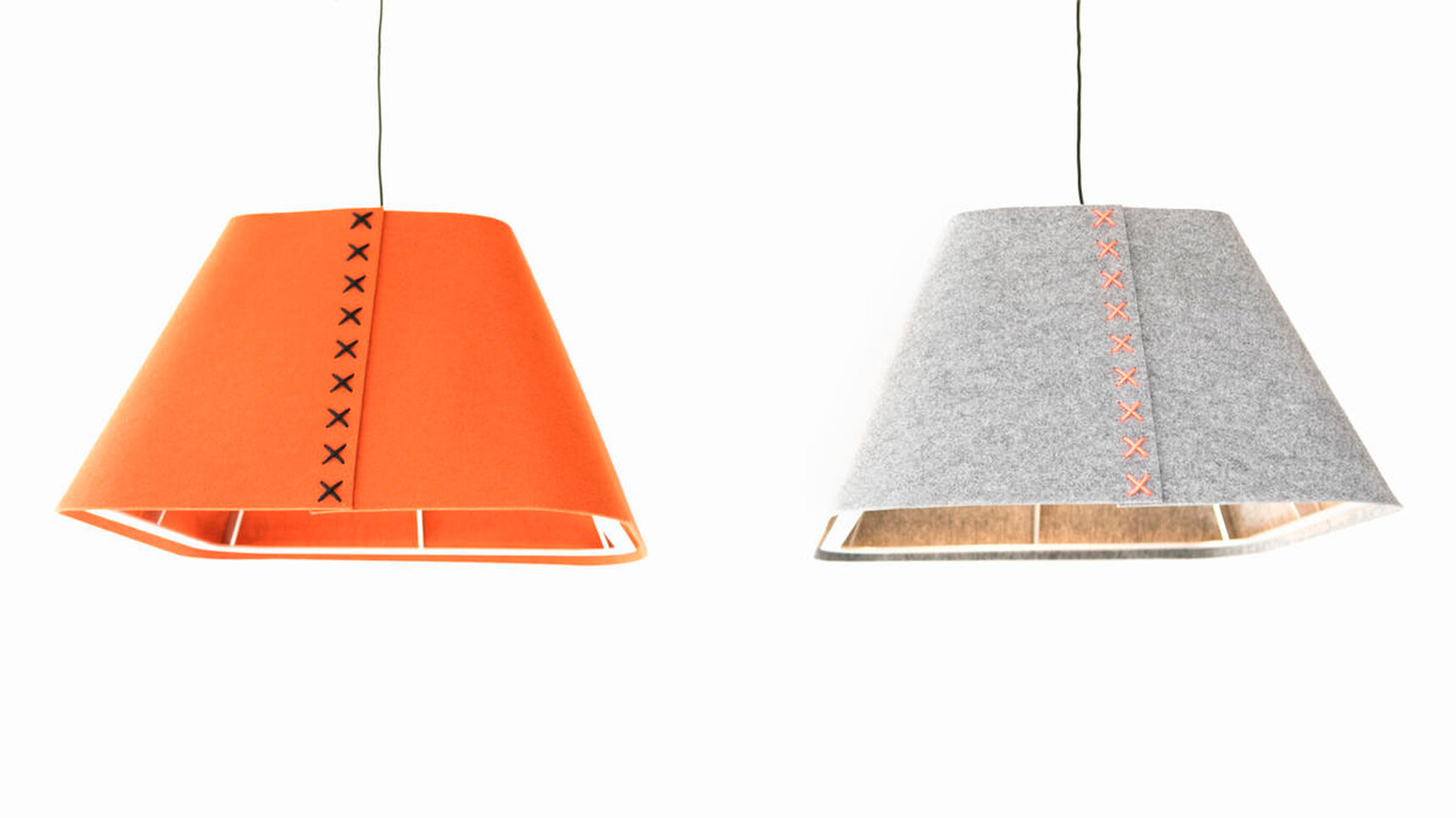 Two BuzziShade Square Lights In Orange And Grey Upholstery Finish On White Background