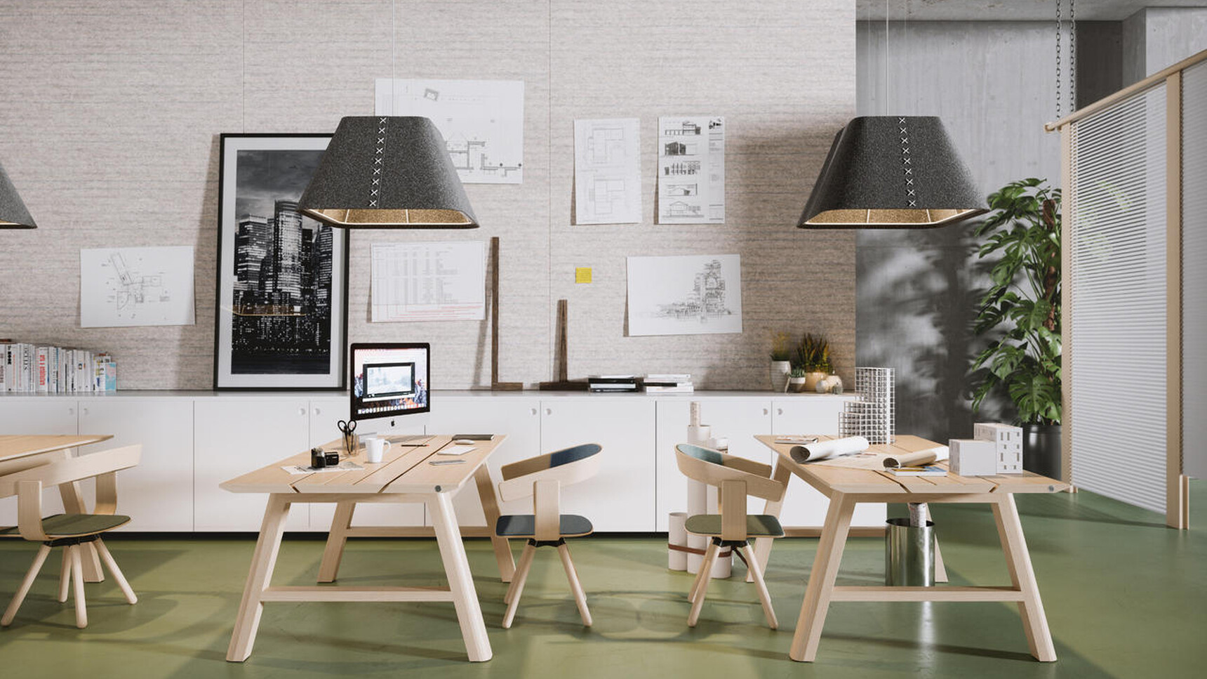 Three Buzzi Space BuzziShade Lights Family Image In Office Setting