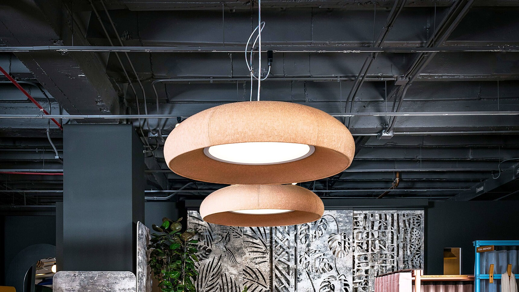 Two Buzzi Space BuzziDome LED Lights In Light Brown Upholstery In Office Setting