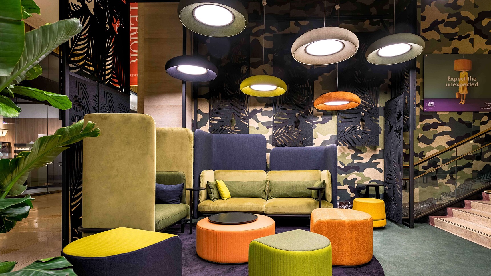 Six BuzziDome LED Lights In Various Colours In Office Setting