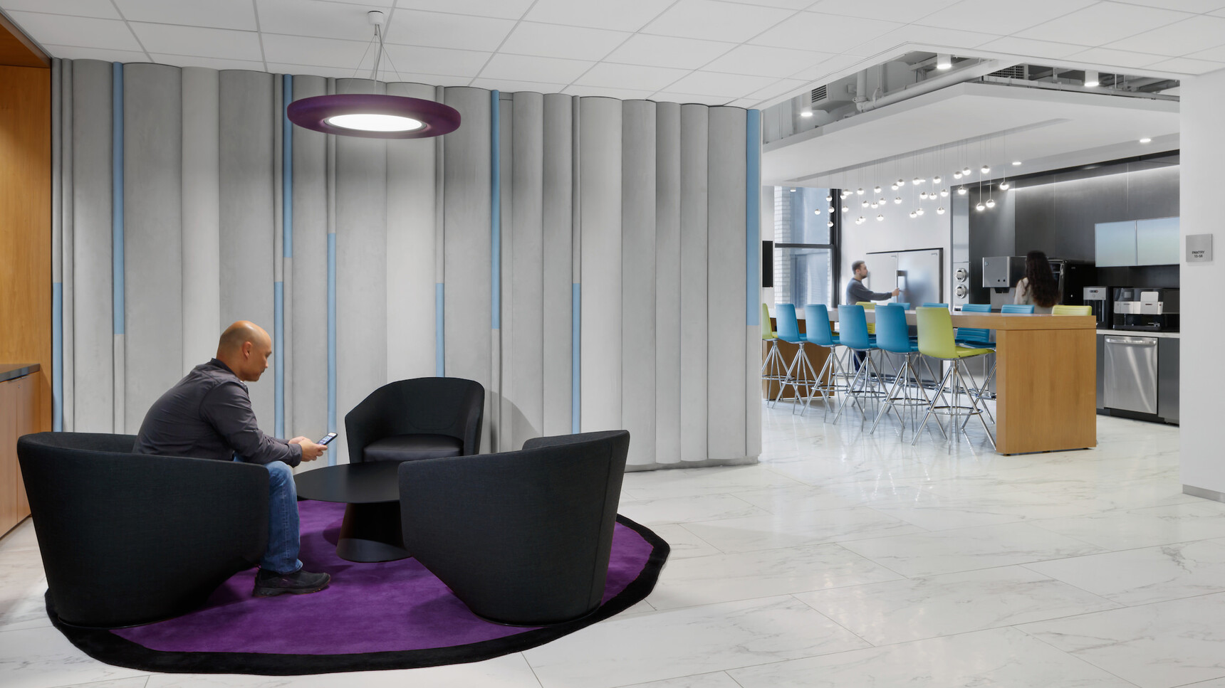 Buzzi Space BuzziMoon Round LED Light In Purple Upholstery In Office Environment