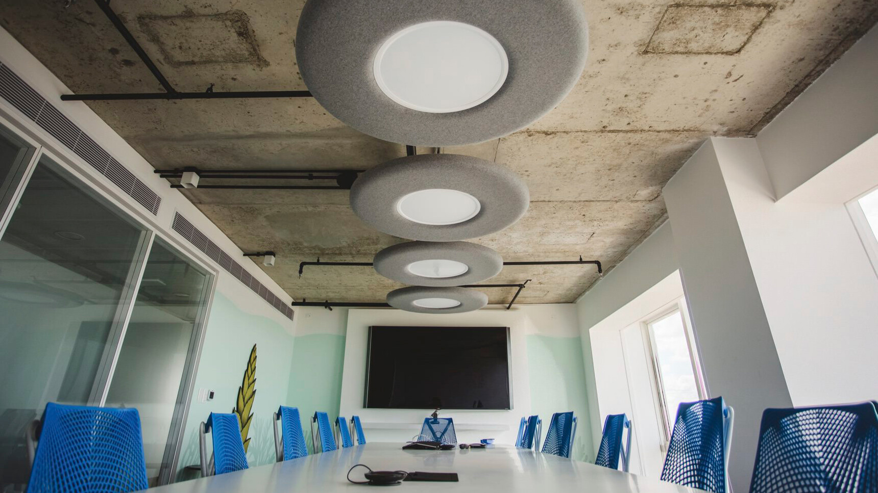 Buzzi Space BuzziMoon Round LED Lights In Grey Upholstery Family Image In Meeting Room