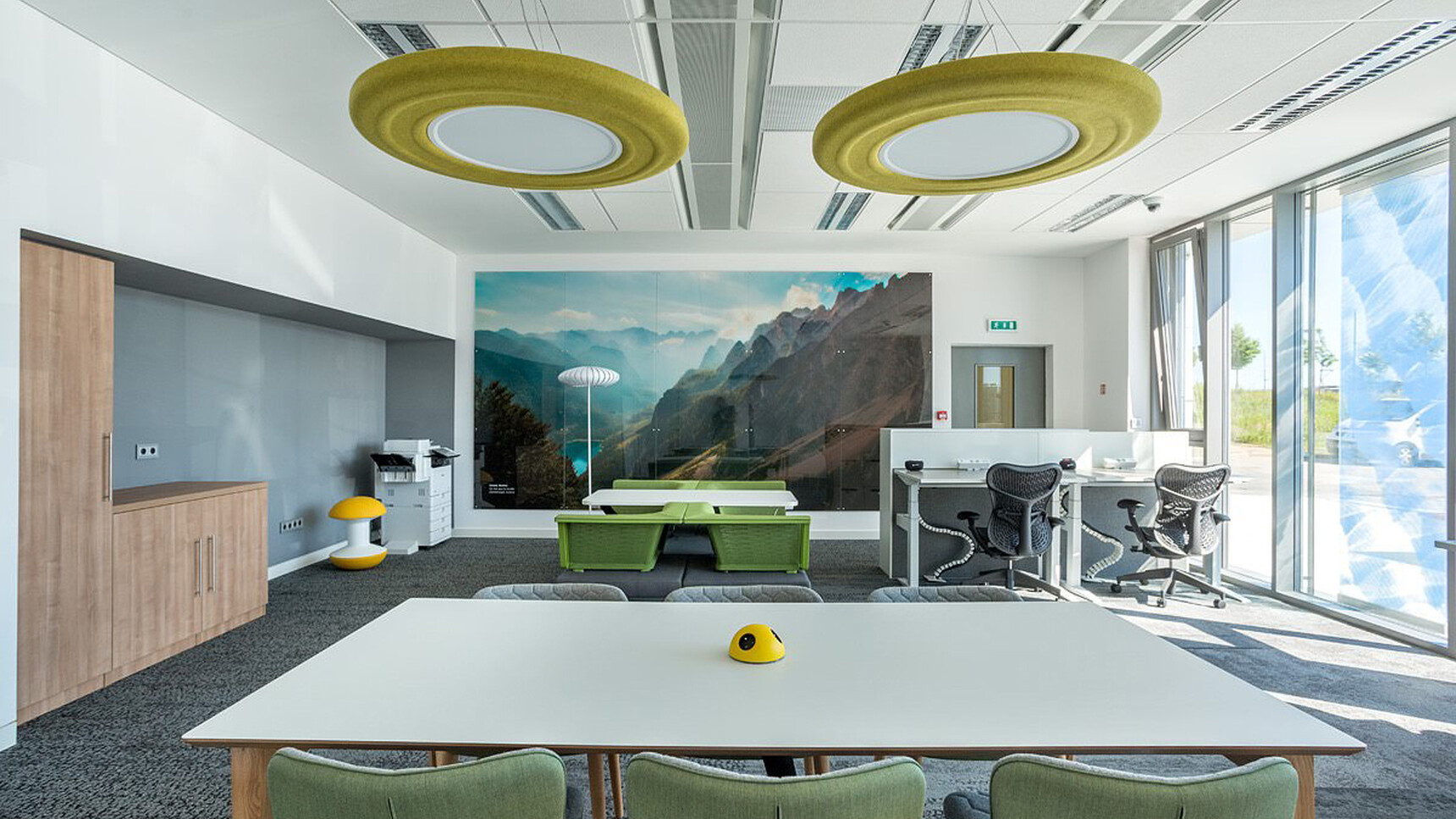 Two Buzzi Space BuzziMoon Round Lights In Green Fabric Finish In Office Environment