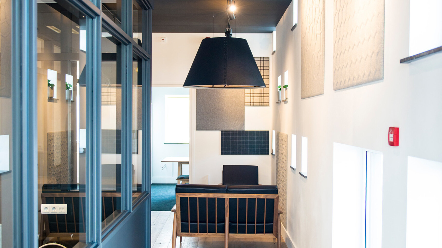 Buzzi Space BuzziShade Pendant LED Light With Blue Upholstery In Office Setting