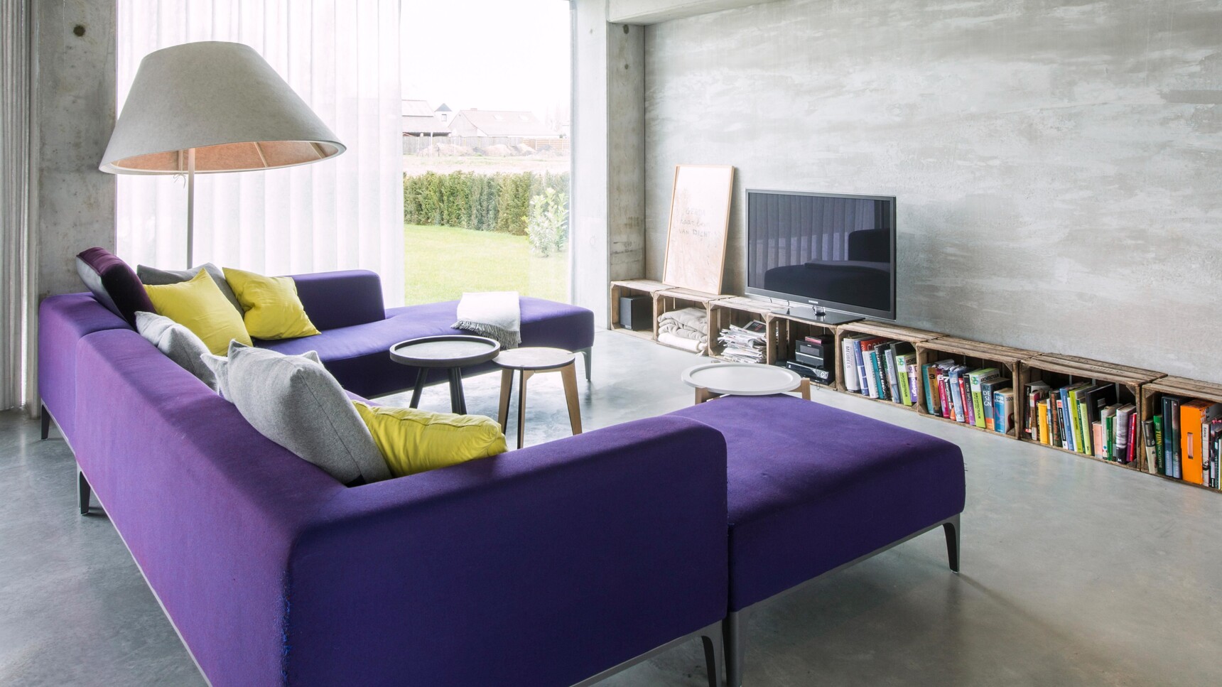 Buzzi Space BuzziShade Floor Standing Lamp With White Finish With Purple Sofa In Living Room